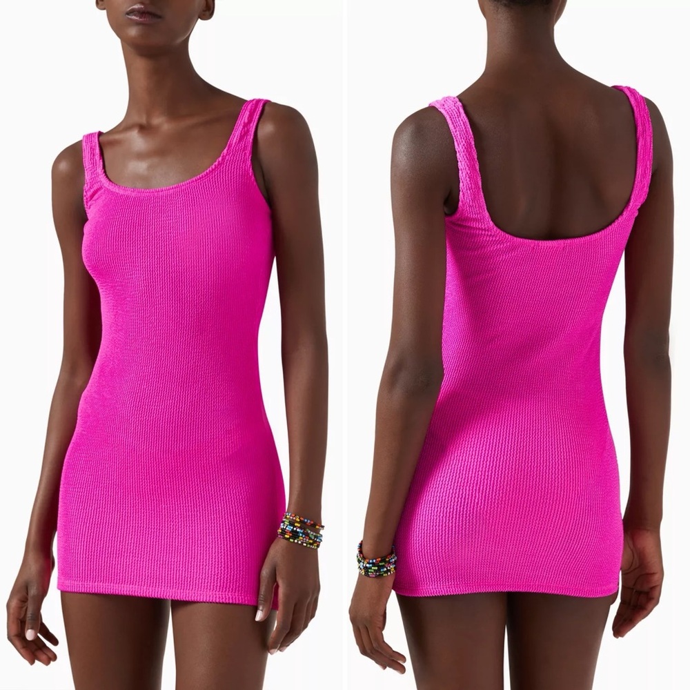 Good American Always Fits Mini Tank Dress Stretch Crinkle Bodycon Hawaiian Pink